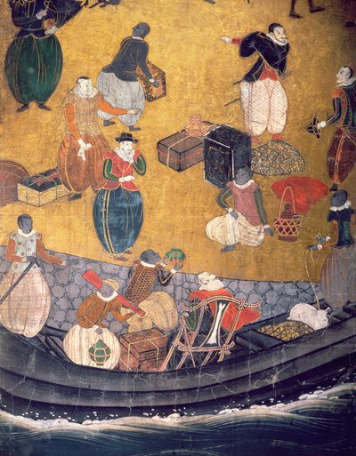 Die Ankunft der Portugiesen in Japan, Detail des Entladens von Waren, aus einem Namban Byobu Bildschirm, 1594-1618 von Japanese School